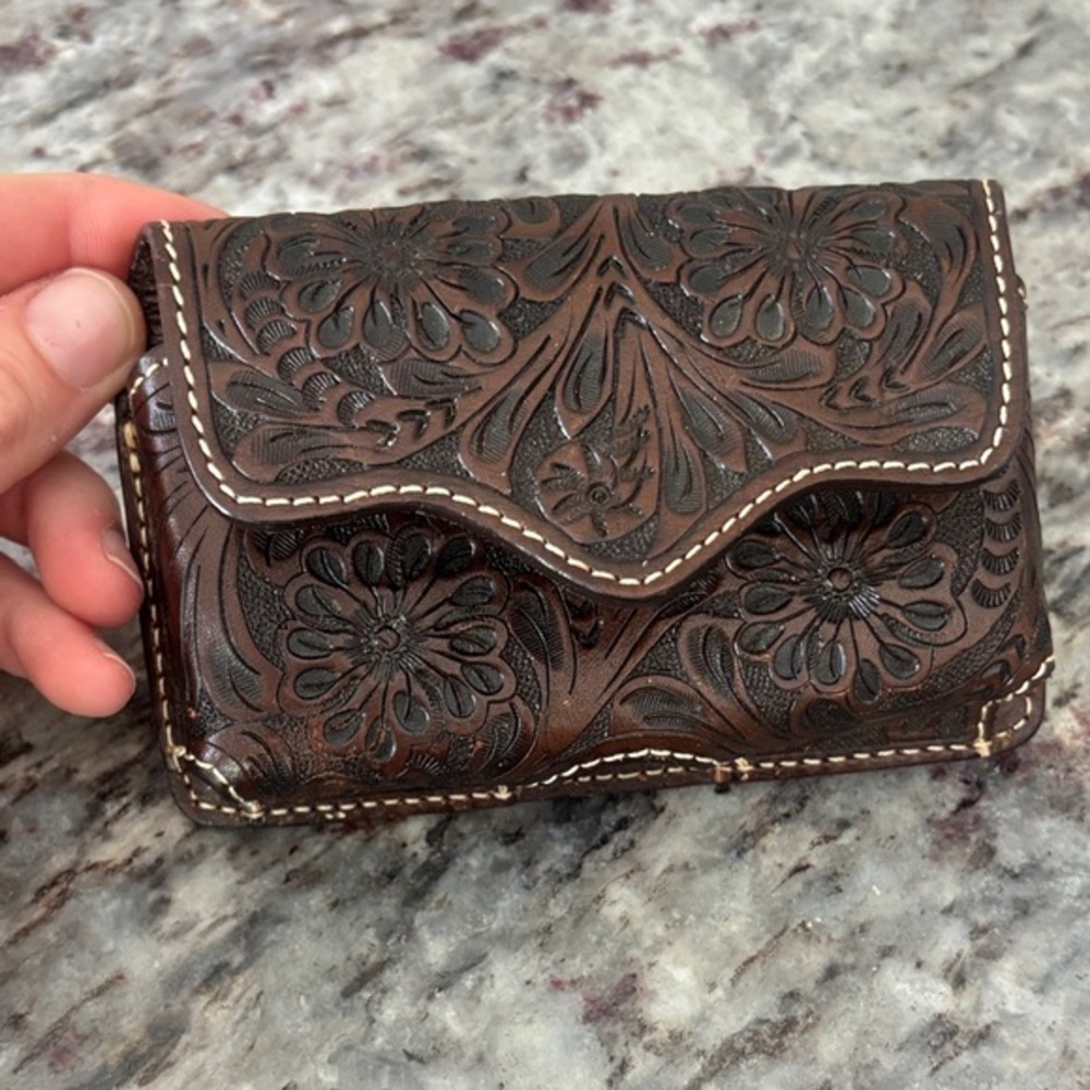 Hand-Tooled Floral Leather belt cell/beeper holder - Dark Brown